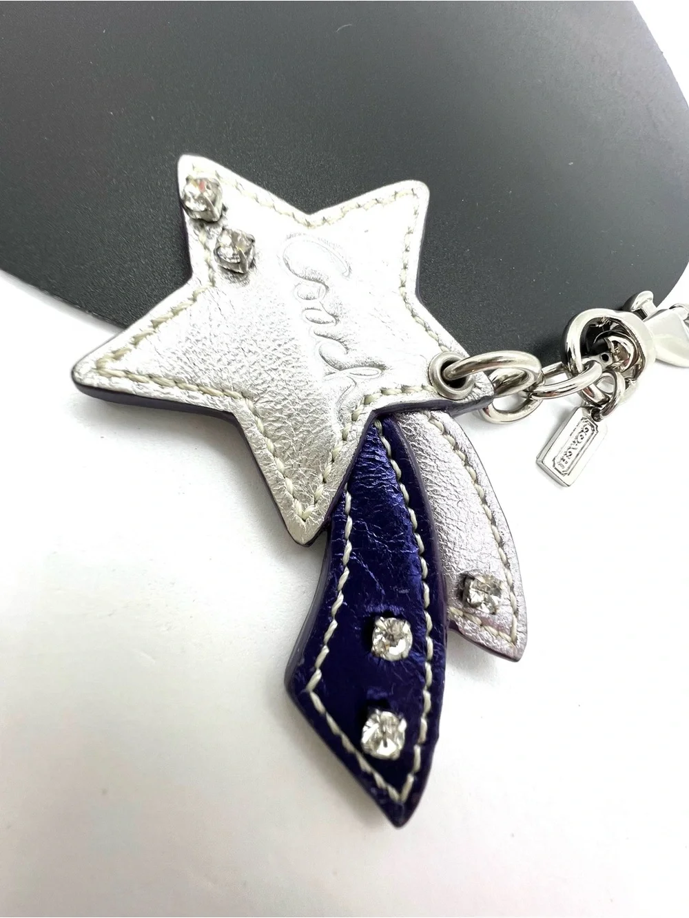 Authentic Coach Shooting Star Metallic Leather Rhinestone Bag Charm Keychain